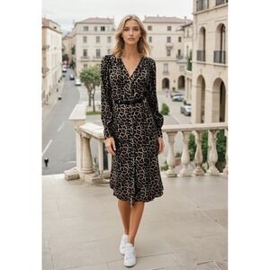 Michael Kors Leopard Print Wrap Midi Dress Dark Camel P/M ‼️NO BELT‼️